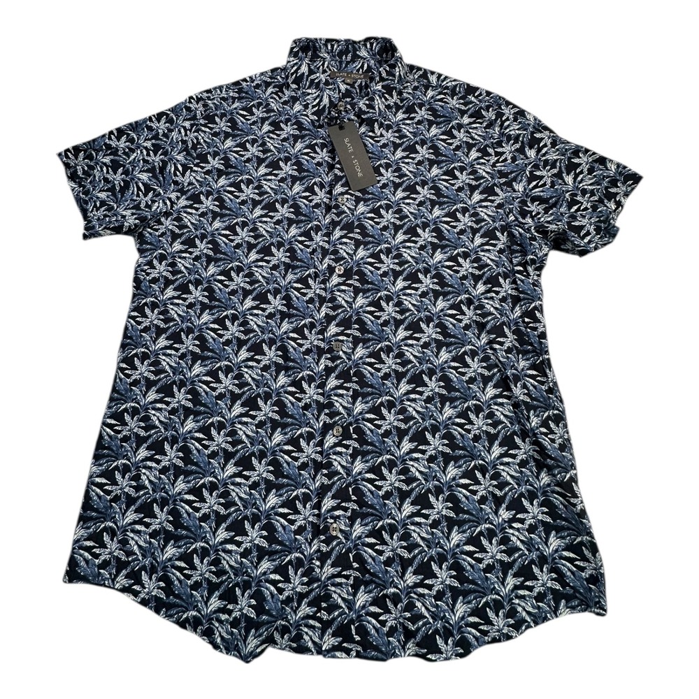 SLATE‎ & STONE Mens XL Button Down Short Sleeve Palm Leaf Print Shirt Blue White